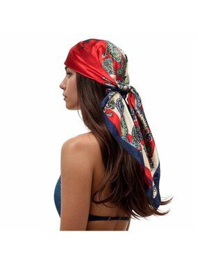 Printed Square Silk-Like Head Scarf 35" Satin Sheen Bandana Hair Wrap Red Navy